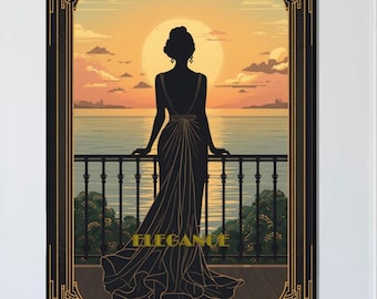 Art Deco Sunset Woman Print | Romantic Vintage Wall Art | UNFRAMED