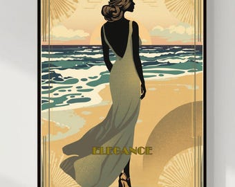Art Deco Beach Woman Print | Vintage Coastal Wall Art | Female Art | UNFRAMED