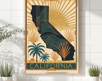 California Art Deco Wall Print | California Poster | American State | California Art | UNFRAMED
