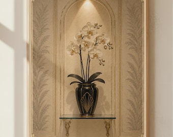 Lámina de orquídeas Art Déco / Arte de pared de lujo para spa / Decoración botánica de pared en tonos neutros / Lámina para baño en tonos beige y dorado / Arte elegante estilo hotel