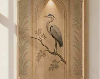 Lámina de garza estilo art déco / Arte de pared de lujo para spa / Decoración de pared con aves en tonos neutros / Arte de pared elegante para baño / Lámina botánica estilo hotel
