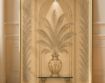 Estampado de palmeras Art Déco / Arte mural botánico neutro / Decoración de pared de spa de lujo / Obra de arte estilo hotel beige / Decoración de palmeras vintage