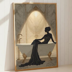 Lámina Art Déco Mujer en el Baño / Arte de pared de lujo para baño / Decoración de pared para spa / Obra de arte neutra para baño / Decoración elegante estilo hotel imagen 1