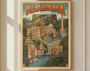 Arte de parede do Alabama | Pôster retrô do Alabama | Impressão de viagem vintage | Decoração do Alabama | América retrô | Estado do Alabama | Impressão digital