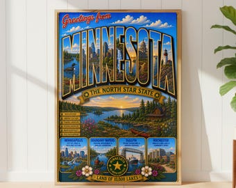 Impressão de cartão postal vintage de viagem do estado de Minnesota | Saudações retrô dos EUA | Arte de parede | Sem moldura