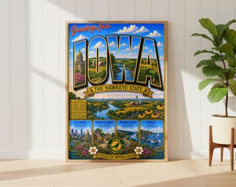Impressão de cartão postal vintage de viagem do estado de Iowa | Saudações retrô dos EUA | Arte de parede | Sem moldura