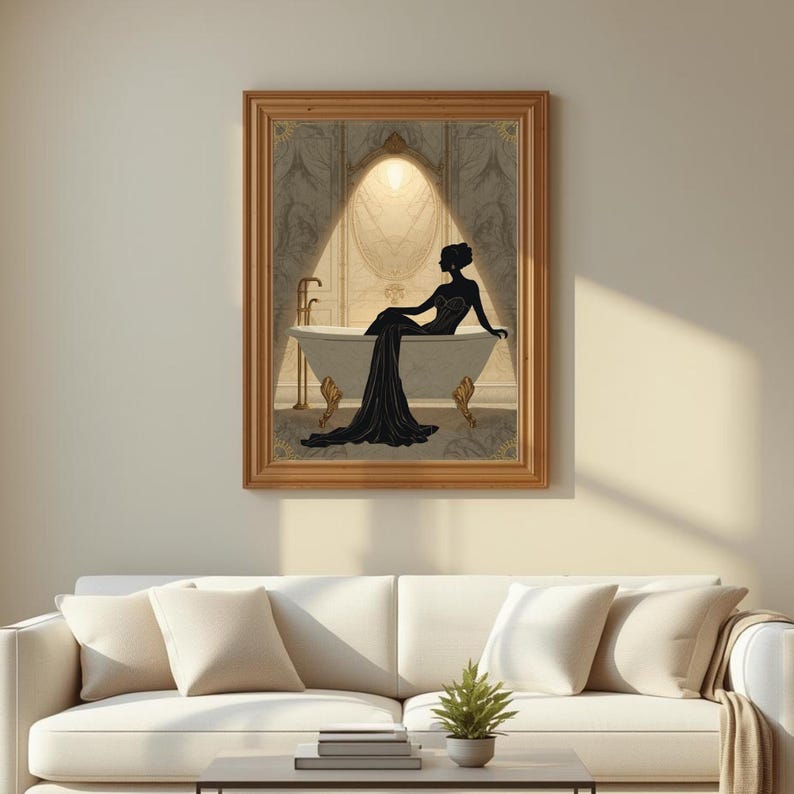 Lámina Art Déco Mujer en el Baño / Arte de pared de lujo para baño / Decoración de pared para spa / Obra de arte neutra para baño / Decoración elegante estilo hotel imagen 10