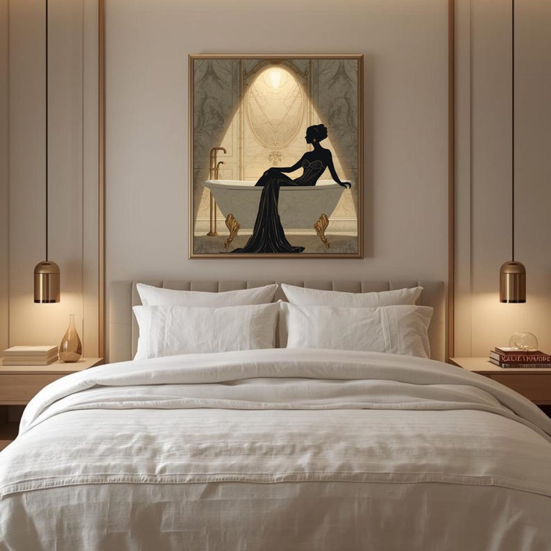 Lámina Art Déco Mujer en el Baño / Arte de pared de lujo para baño / Decoración de pared para spa / Obra de arte neutra para baño / Decoración elegante estilo hotel imagen 2
