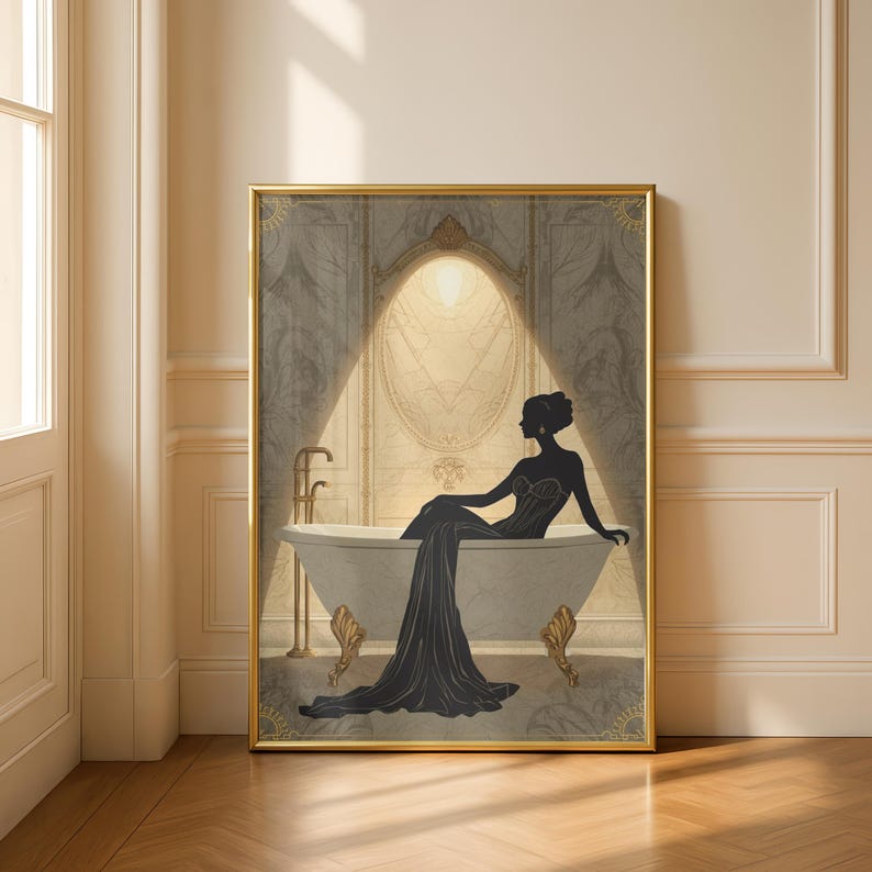 Lámina Art Déco Mujer en el Baño / Arte de pared de lujo para baño / Decoración de pared para spa / Obra de arte neutra para baño / Decoración elegante estilo hotel imagen 11