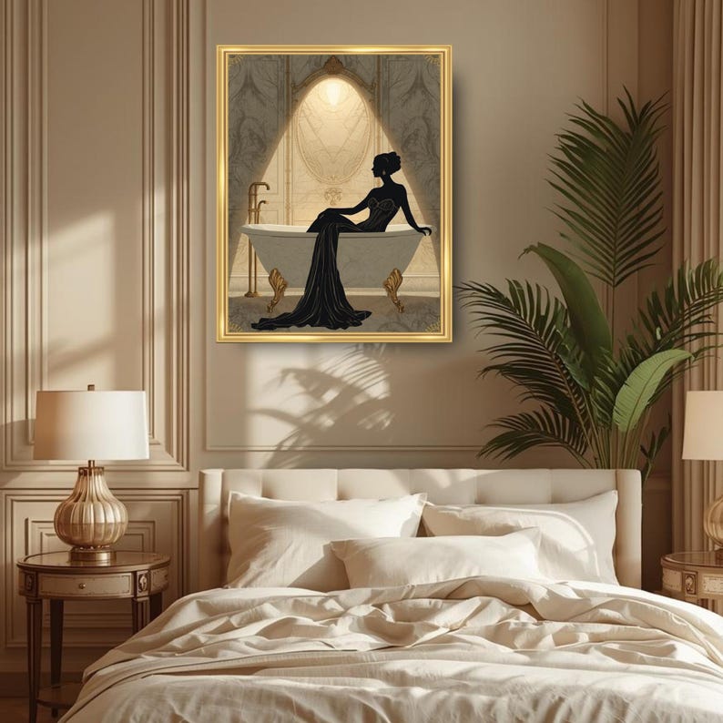 Lámina Art Déco Mujer en el Baño / Arte de pared de lujo para baño / Decoración de pared para spa / Obra de arte neutra para baño / Decoración elegante estilo hotel imagen 12