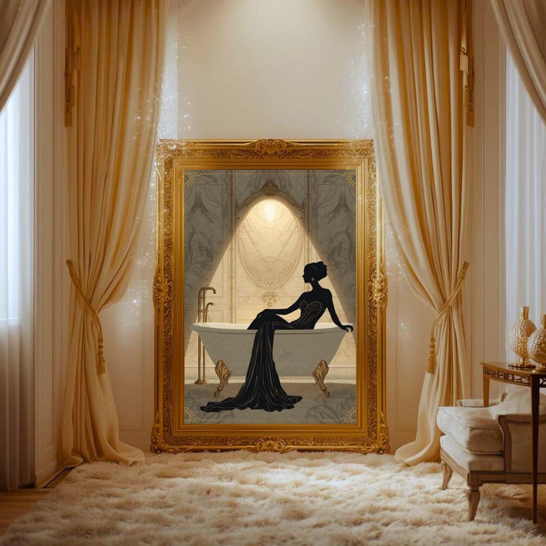 Lámina Art Déco Mujer en el Baño / Arte de pared de lujo para baño / Decoración de pared para spa / Obra de arte neutra para baño / Decoración elegante estilo hotel imagen 3