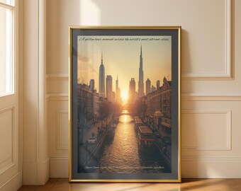Póster de viaje por la ciudad / EE. UU., Corea, Dubái, Países Bajos, India / Paisaje urbano al atardecer / SIN MARCO