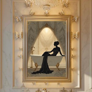 Lámina Art Déco Mujer en el Baño / Arte de pared de lujo para baño / Decoración de pared para spa / Obra de arte neutra para baño / Decoración elegante estilo hotel imagen 7