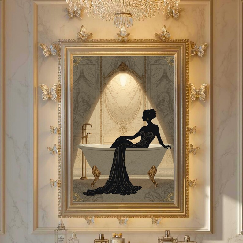 Lámina Art Déco Mujer en el Baño / Arte de pared de lujo para baño / Decoración de pared para spa / Obra de arte neutra para baño / Decoración elegante estilo hotel imagen 7