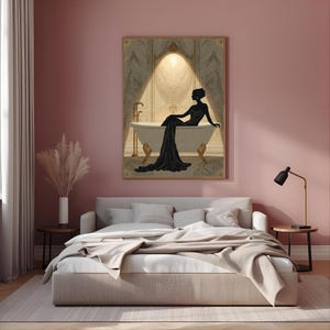 Lámina Art Déco Mujer en el Baño / Arte de pared de lujo para baño / Decoración de pared para spa / Obra de arte neutra para baño / Decoración elegante estilo hotel imagen 8