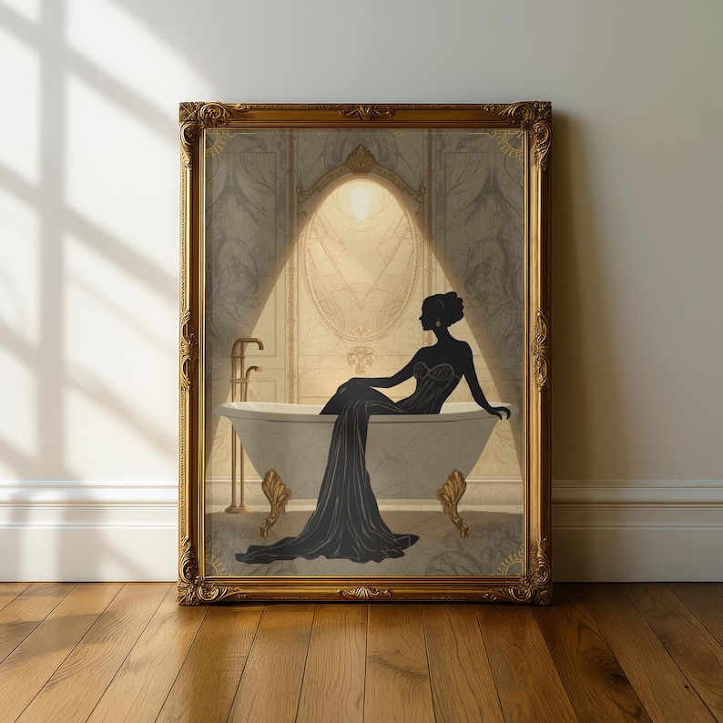 Lámina Art Déco Mujer en el Baño / Arte de pared de lujo para baño / Decoración de pared para spa / Obra de arte neutra para baño / Decoración elegante estilo hotel imagen 5