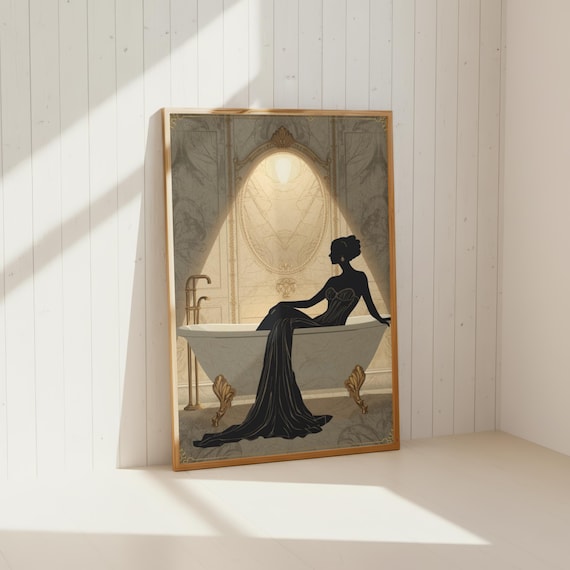 Art Deco Woman Bath Print | Luxury Bathroom Wall Art | Spa Wall Decor | Neutral Bathroom Artwork | Elegant Hotel Style Decor
