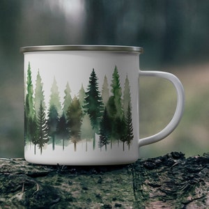 Enamel Camping Mug, Pine Forest Design, Coniferous Coffee mug