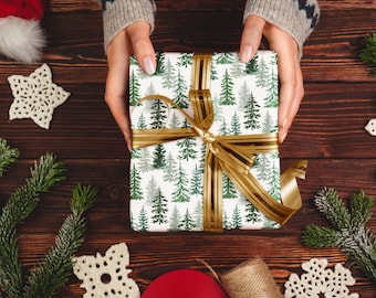 Coniferous Pine Forest, Wrapping Paper, Christmas, White with green trees