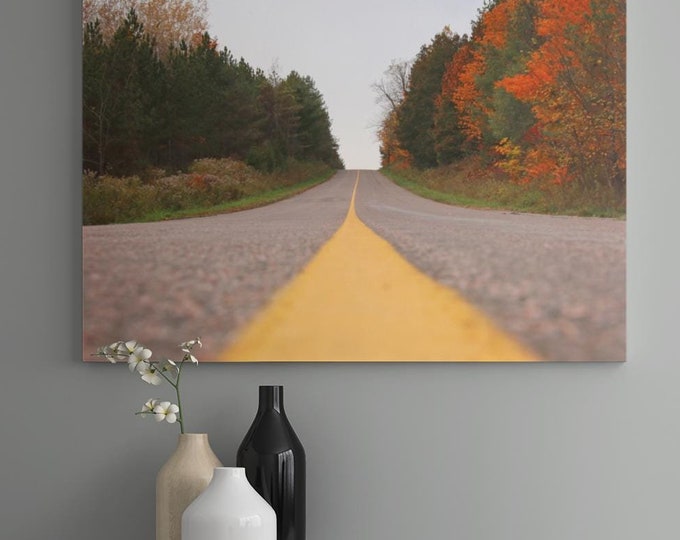 Canvas Print, Yellow Stripe Road with Fall Leaves, Autumn Wall Art Decor, Landscape Photography, Home Office Decoration, Nature Scene