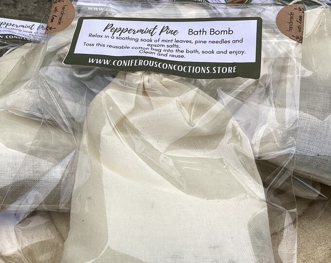 PEPPERMINT PINE BATH Bombs, Epsom salts, Natural and organic pine needle blend, with reusable cotton bath bomb, cotton bag with string tie