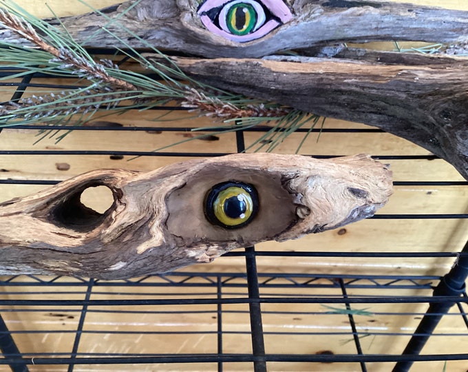 YELLOW EYE Watcher Of The Woods - Natural Wood & Clay Sculpture Eye