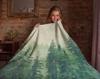 Cotton Throw Blanket with Evergreen Forest Design, Home and Cottage, Outdoor themed, Green Blanket