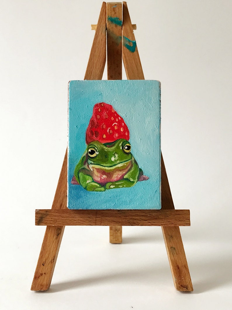 Toad with a strawberry on its head. Original oil painting on a wooden board. Miniatures painting. Refrigerator magnet image 1