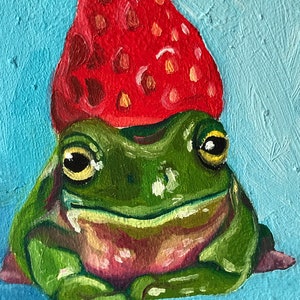 Toad with a strawberry on its head. Original oil painting on a wooden board. Miniatures painting. Refrigerator magnet image 4