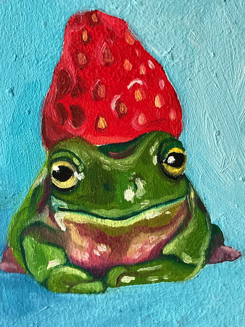 Toad with a strawberry on its head. Original oil painting on a wooden board. Miniatures painting. Refrigerator magnet image 4