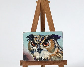 Owl. Original oil painting on wood panel. Miniatures painting.  Refrigerator magnet