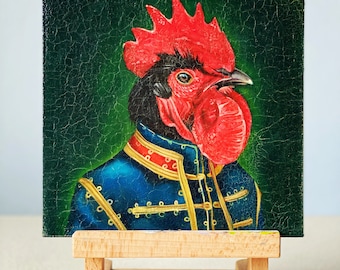 Black rooster in uniform. Classical oil painting. Animal portraits. Animals in clothes. Aged painting with craquelure effect