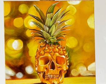 May include: Oil painting of a golden skull with a pineapple crown. The artwork is set against a blurred yellow background with bokeh effects. The painting is on a square canvas, signed in the bottom right corner.