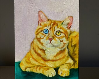 Red cat with eyes of different colors. Portrait of a cat. Original oil painting. Animal portraits.