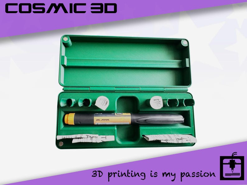 May include: Open green case containing medical supplies, including a pen-like device with yellow and black accents, and small white containers. The text "COSMIC 3D" is at the top, and "3D printing is my passion" is at the bottom.