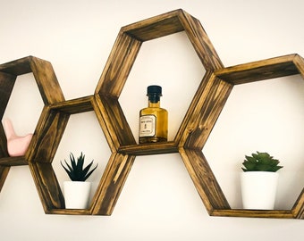 Honning zeshoekige wandplank van massief hout: inspiratie voor de natuur en geometrie - Made in France