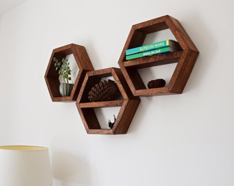 Wall set, 3 Honning Royal hexagonal shelves in solid oak - - Unique piece - Made in France
