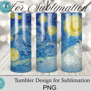 Peut inclure: Trois designs de sublimation pour gobelets représentant un ciel nocturne étoilé bleu et jaune avec des tourbillons blancs. Les designs sont prêts à être imprimés sur des gobelets.