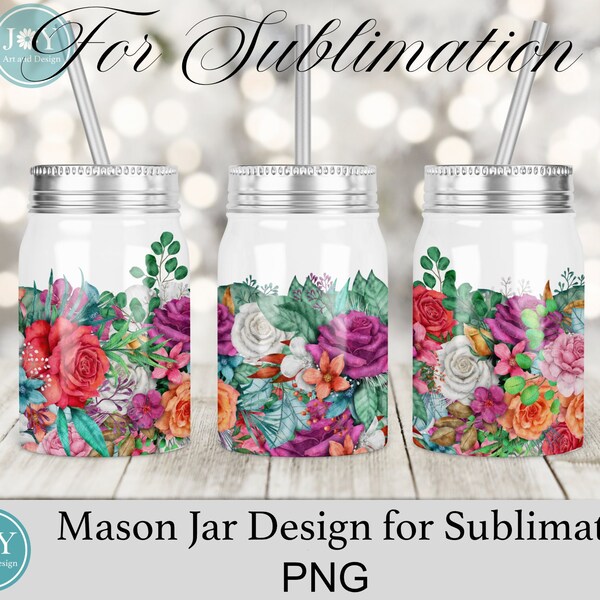 17 oz Mason Jar Tumbler Sublimation Design, Flowers Instant Download Mason Jar Wrap Template, Digital Seamless Flowers Mason Jar Design PNG