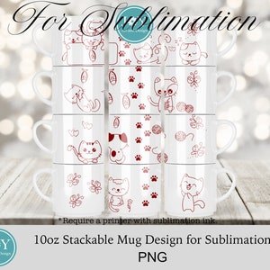 Op de afbeelding: Set van zes 10oz witte stapelbare keramische mokken met rode kattenontwerpen. De mokken hebben verschillende kattenillustraties, waaronder slapende katten, katten die met garen spelen en katten die vis eten. De tekst "For Sublimation" en "10oz Stackable Mug Design for Sublimation PNG" is zichtbaar op de afbeelding.