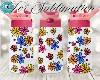 Doodle Flowers Kids Flip Top Tumbler Design, Instant Download Kids Water Bottle Template, Digital Kids Tumbler Wrap Sublimation Design