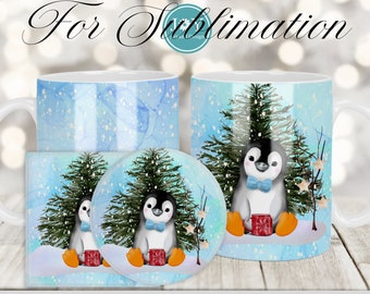 Christmas Mug Wrap Template, Holiday Mug Press Sublimation Design, Baby Penguin Coffee Mug PNG, Instant Download Sublimation Mug Wrap