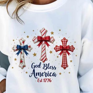 God Bless America Cross PNG – Patriotic Sublimation Design with Bows, Stars & Stripes – 4th of July, Faith-Based USA Clipart