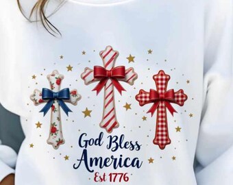 God Bless America Cross PNG – Patriotic Sublimation Design with Bows, Stars & Stripes – 4th of July, Faith-Based USA Clipart
