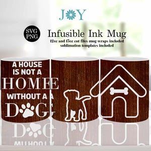 Könnte beinhalten: Drei weiße Keramikbecher mit braunen Holzmaserungen. Der Becher links sagt "Ein Haus ist kein Zuhause ohne einen Hund" mit einem Pfotenabdruck. Der mittlere Becher hat eine Silhouette eines Hundes. Der Becher rechts hat eine weiße Umrandung eines Hundehauses mit einem Knochen.