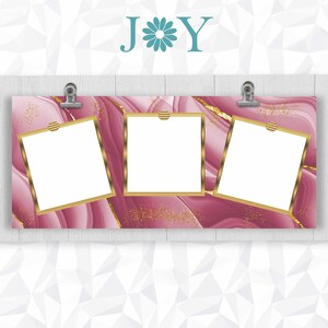 May include: Three gold-framed photo frames with white backgrounds are displayed on a pink and gold marble background. The background has a swirling pattern and gold glitter. The frames are hung with silver clips on a white wooden surface. The word "JOY" is written above the frames in teal blue with a teal blue flower between the letters.