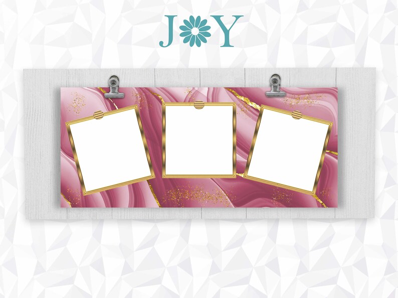May include: Three gold-framed photo frames with white backgrounds are displayed on a pink and gold marble background. The background has a swirling pattern and gold glitter. The frames are hung with silver clips on a white wooden surface. The word "JOY" is written above the frames in teal blue with a teal blue flower between the letters.