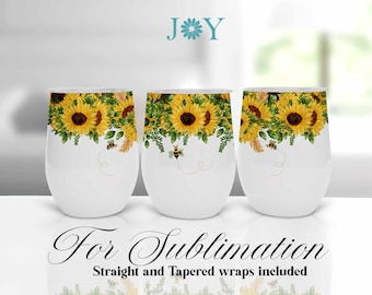 Sunflowers Wine Tumbler Wrap, Sublimation Designs for 12oz Wine Tumblers, Digital Sublimation Template, Straight and Tapered Templates