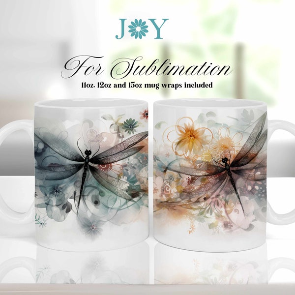 Mug Press Sublimation Design, Watercolor Dragonflies Coffee Mug PNG, Sublimation Mug Full Wrap Template, Digital 11oz 12oz 15oz Mug