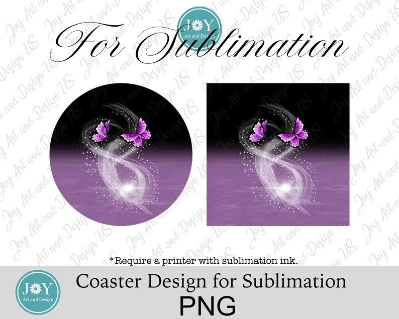 May include: A purple and black sublimation design featuring two purple butterflies flying over a white swirl with a bright light in the center. The design is perfect for creating coasters.